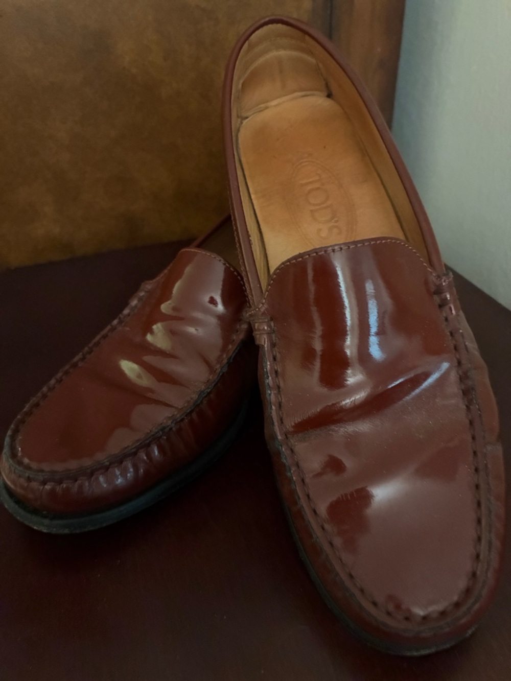 Tod's Glossy Chestnut Brown Leather Penny Loafers